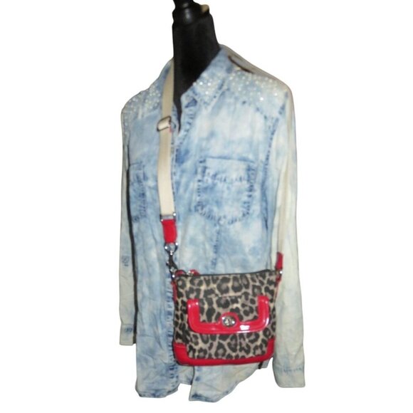 Coach Park Ocelot Animal Print Red Patent Leather Crossbody Bag Matching Wallet - Picture 2 of 13